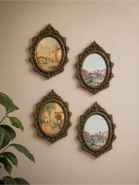 4 Vintage Miniature Ornate Brass Oval Victorian Picture Frames - Made In Italy